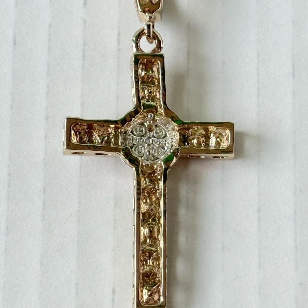 New Italian laminated gold chin 24” ‎ with San Benito crucifix /Crystals for men